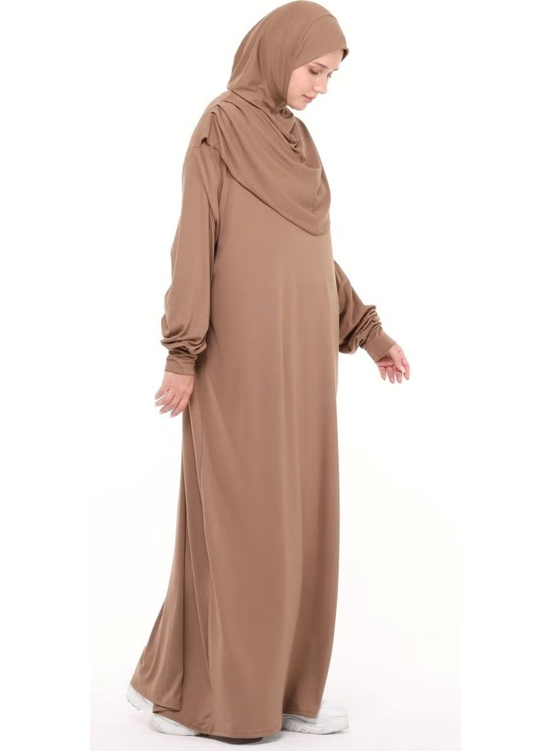 Altobeh Practical One Piece Cotton Bat Sleeves Removable Organic Hijab Prayer Dress with Headscarf - Milk Coffee - Image 2